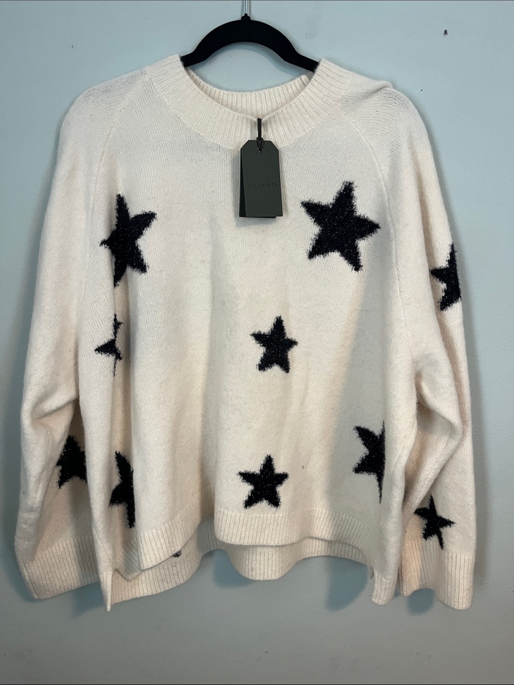 AllSaints Cream Crewneck Sweater with Black Star Motif